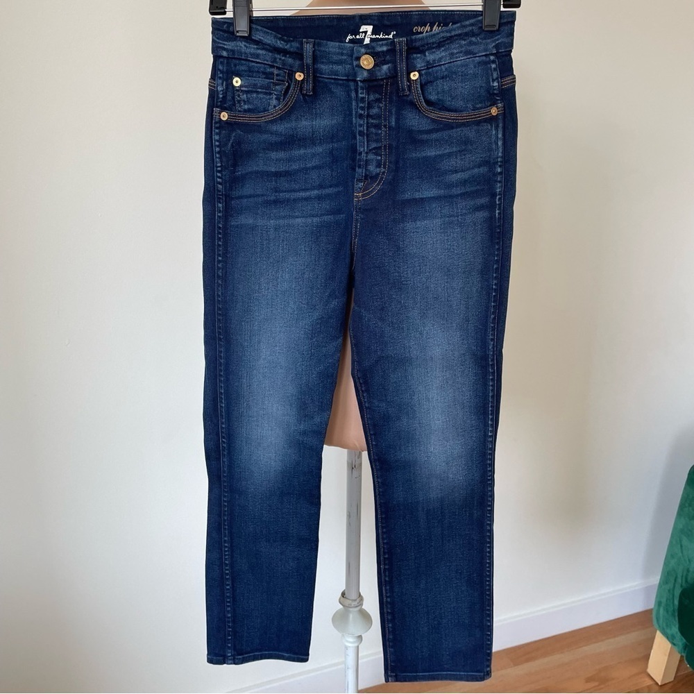 7 for All Mankind Blue Denim Crop High Waist Vintage Straight Jeans EUC Size 26